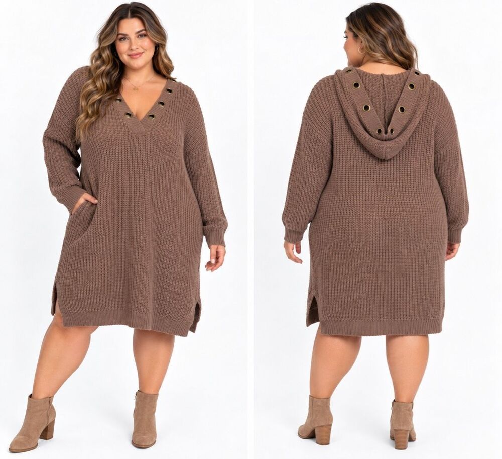 NWT Say What? Plus Size 2X Brown Hooded Sweater Dress Grommet Detail